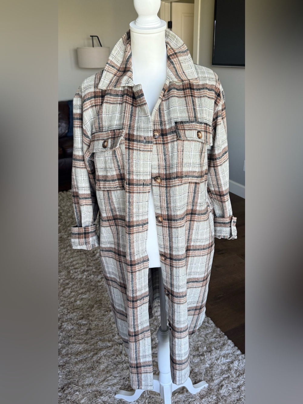 Panache Plaid Long Duster Shacket in Cream and Brown Size Small